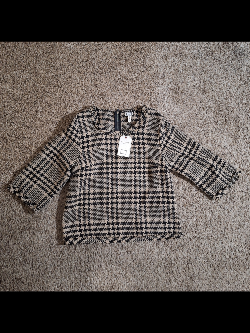NWT Mo:Vint Tweed Houndstooth Plaid Pullover Top Mocha Black S